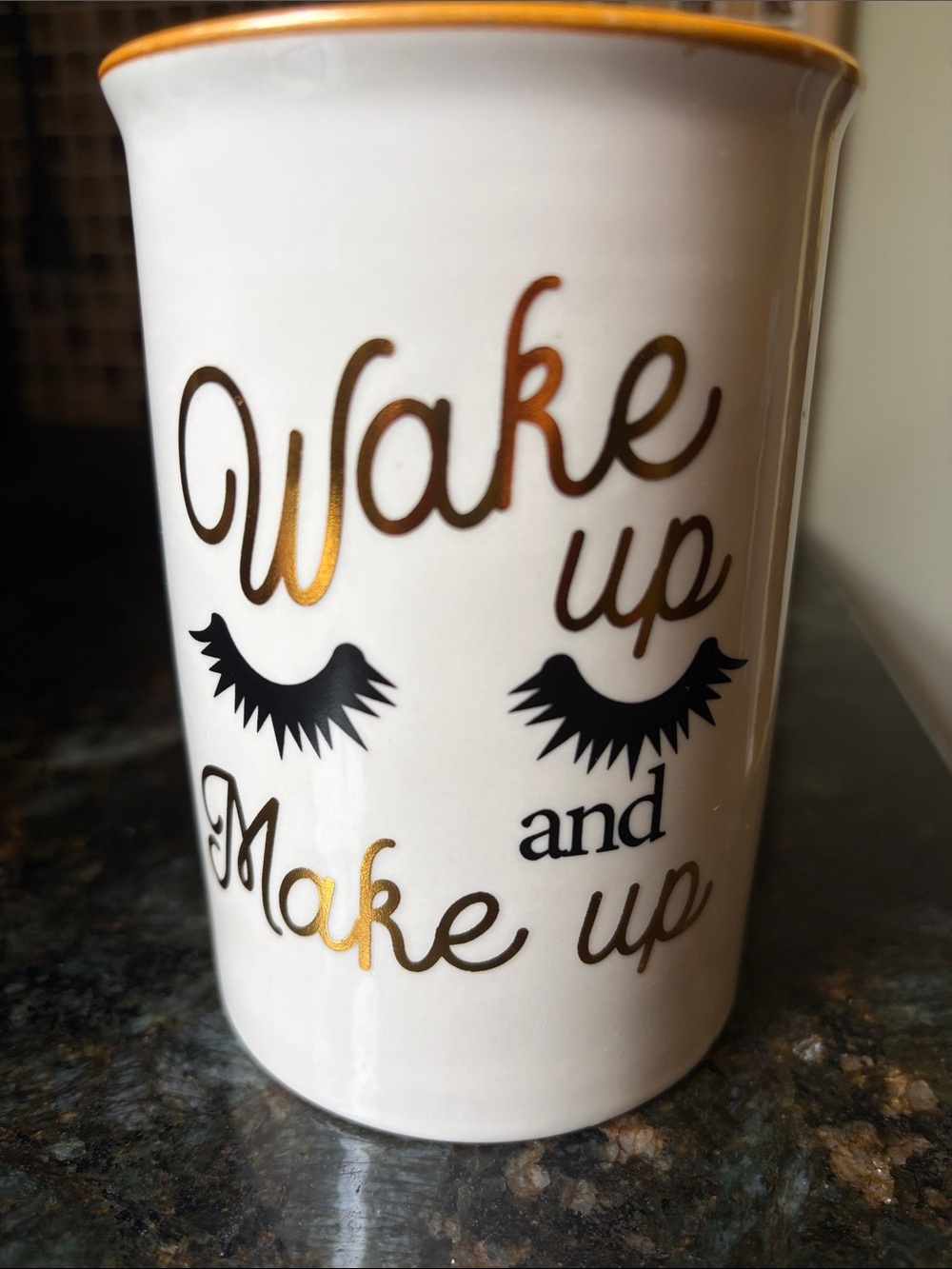 Wake Up and Make Up Ceramic CupB Brush Holder- White with Gold and Black Accents